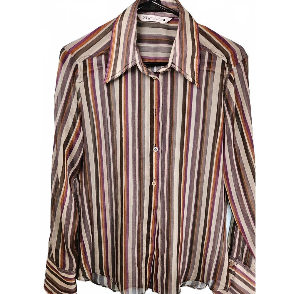 Zara Women‎ Vertical Striped Sheer Button Down Shirt Earth Tones 70s Style Large